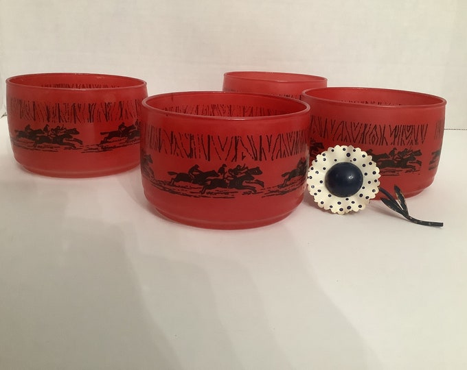 RARE: Red Cereal/ Dessert  Bowl with Jockey  Riding A Black  Race Horse