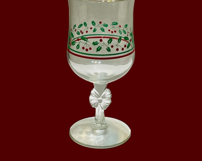 Arby  Berries and Holly Glass, Wine Goblet w/Bows, Libbey’s  Christmas Holly and Berry Goblet