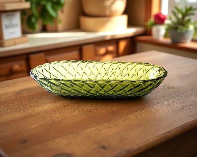 Indiana Glass Co Avocado Green Pretzel Design Relish Dish, Green Glass Basket Weave Relish Dish, Oblong Green Relish Dish Bread Basket