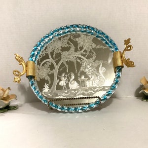 Vintage Venetian Etched  Mirrored Tray with Dolphin Handles/ Engraved Ercole Barovier Mirror Tray