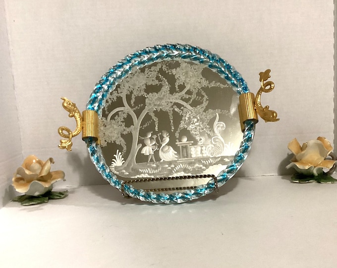 Vintage Venetian Etched  Mirrored Tray with Dolphin Handles/ Engraved Ercole Barovier Mirror Tray