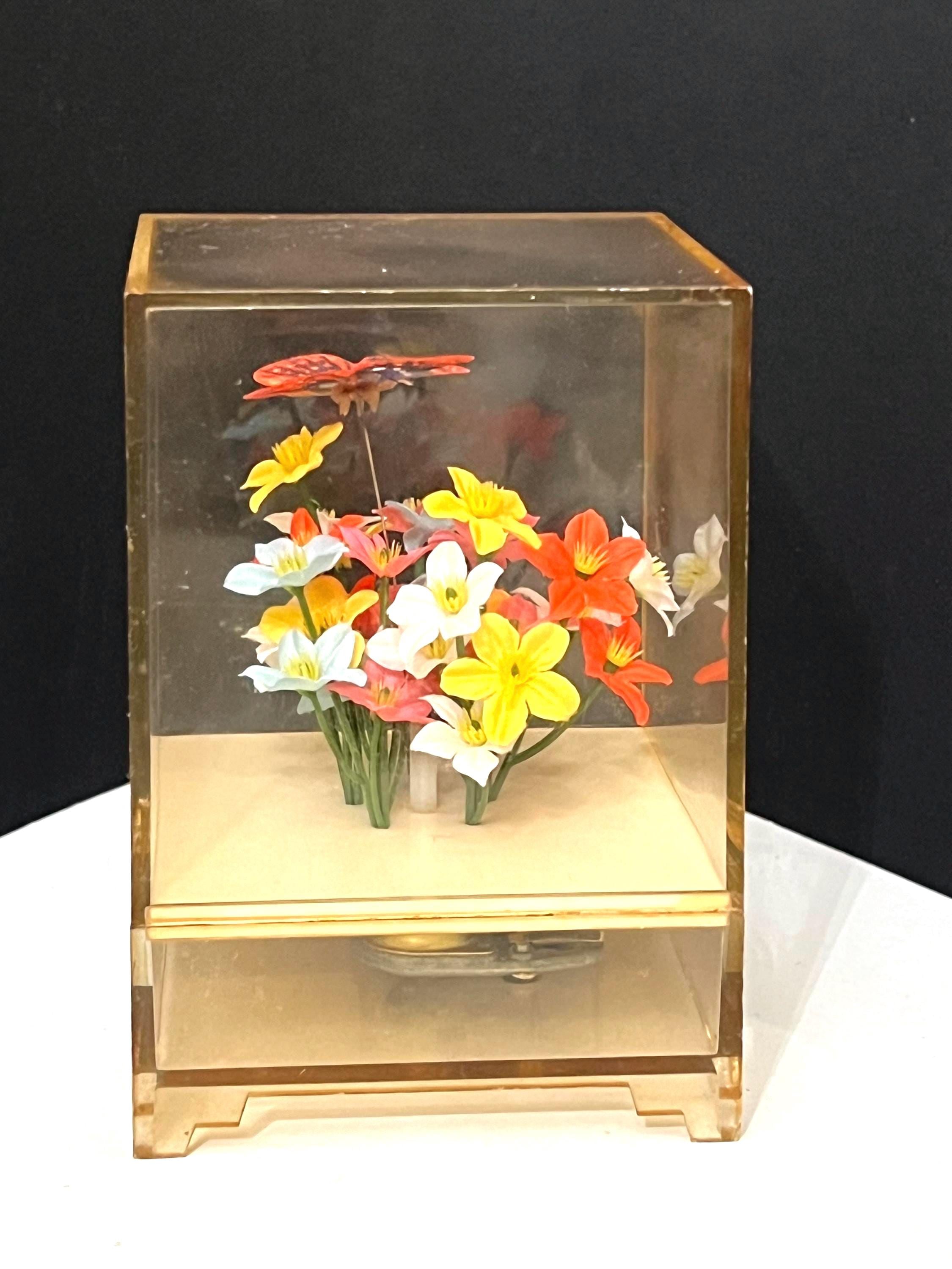 Vintage Music Box With Rotating Butterfly and Flowers Encased in A
