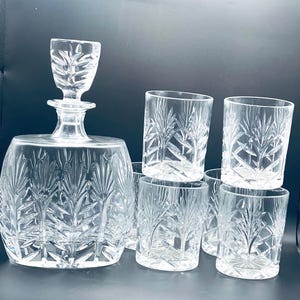 ヴィンテージクリスタルデキャンタとタンブラー6個、Portico Crystal Clear Industries、バーカートグラス、ギフトウェア、ダブルオールドファッションタンブラー