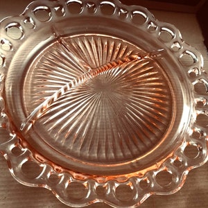 Anchor Hocking Open Lace Relish Dish, Pink Depression Lace Divided  Relish Dish