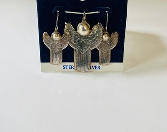 vintage Mexico Sterling Silver Angel Necklace and Earrings Set, Stamped 925 Mexico