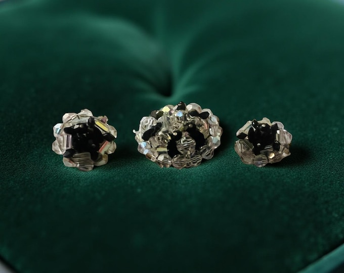 Vintage AB Aurora Borealis Crystal Brooch Clip-On Earrings Set Retro Demi Parure