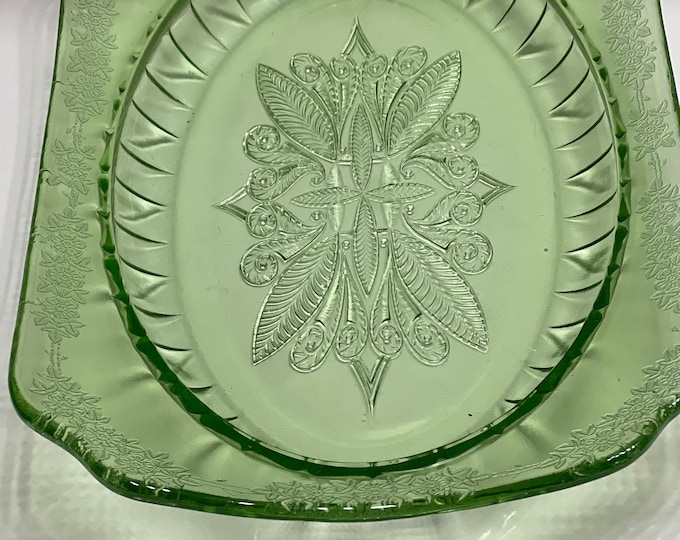 Jeannette Glass Adam Serving Bowl, Oval 10” Green and Pink Bowl, Dish/ Depression Glass Oval Bowl
