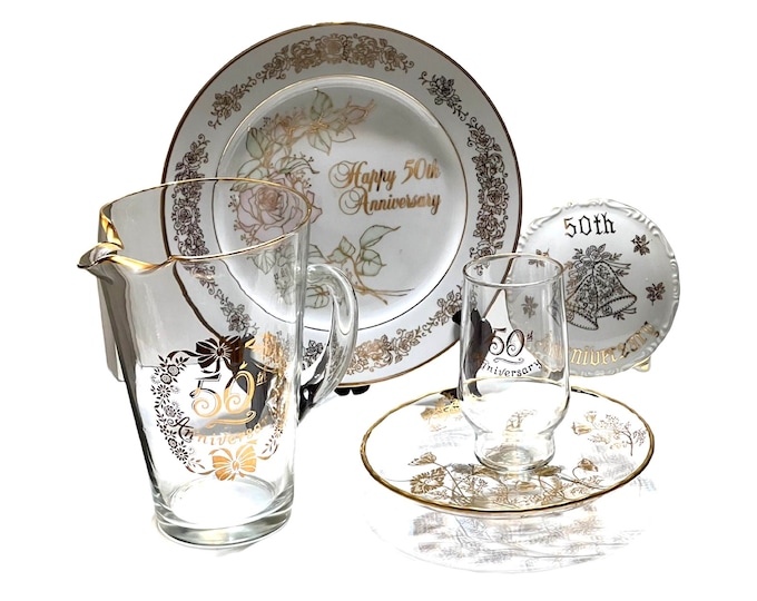Vintage 50th Wedding Anniversary Glassware, Clear Pitcher,  Five Glasses, Plate, 50th Anniversary Decoration, Silver City Bon Bon Dish