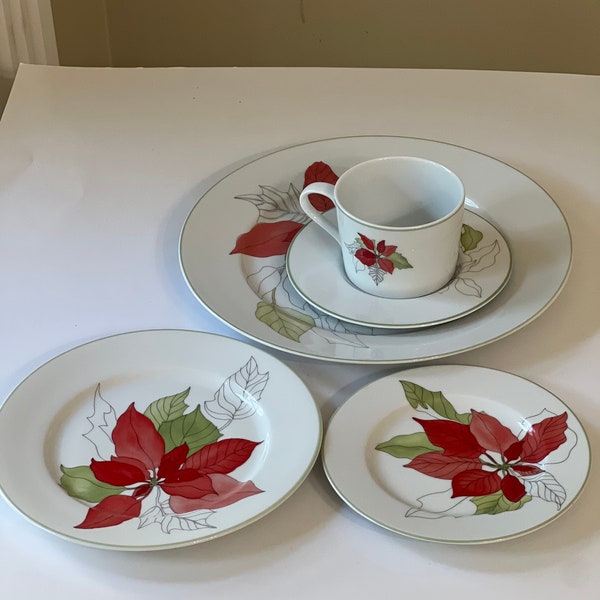 Block Spal Red Poinsettia Dinnerware, by Mary Lou Goertzen, Dinner Plates, Saucers, Cup and Saucer, Salad Plate in Watercolors, Poinsettia