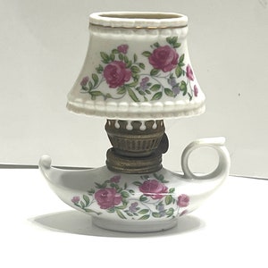 Miniature Aladdin Porcelain Oil Lamp with Rose Decor