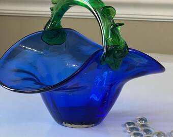 Tiffany & Co Cobalt Blue Art Glass Basket Bowl, Giftware, Home