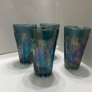 Harvest Carnival Glass Tumblers by Indiana Glass Company,  Blue grapes and leaves water tumblers