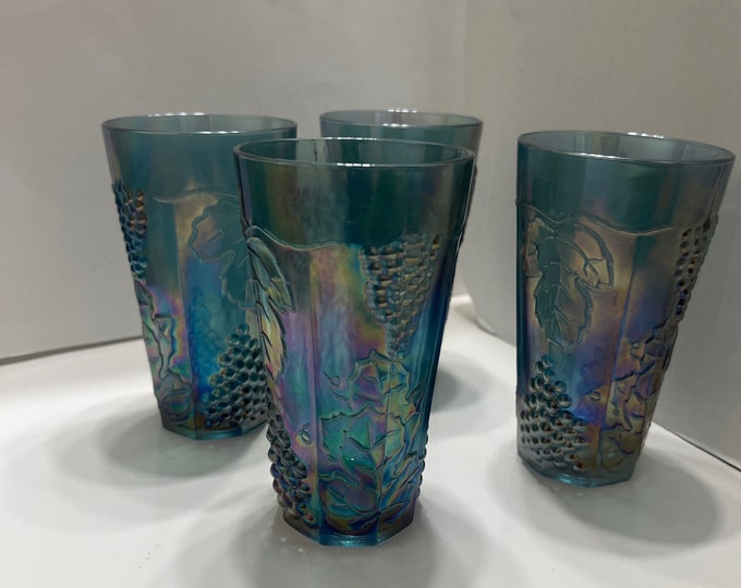 Harvest Carnival Glass Tumblers by Indiana Glass Company,  Blue grapes and leaves water tumblers