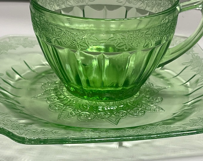 Jeannette Glass Adam  Cups and Saucers Set,  Adam Green Saucers and Cups