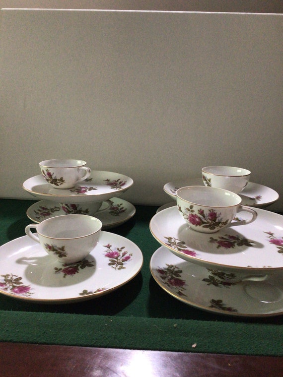 Moss Rose Plates, Cups, Snack Set, Vintage Cake Plate by Laurel