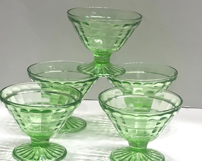 Anchor Hocking Champagne Goblet, Tall Sherbet Optic Green Depression Goblet, Vaseline, Uranium Glass short champagne goblet