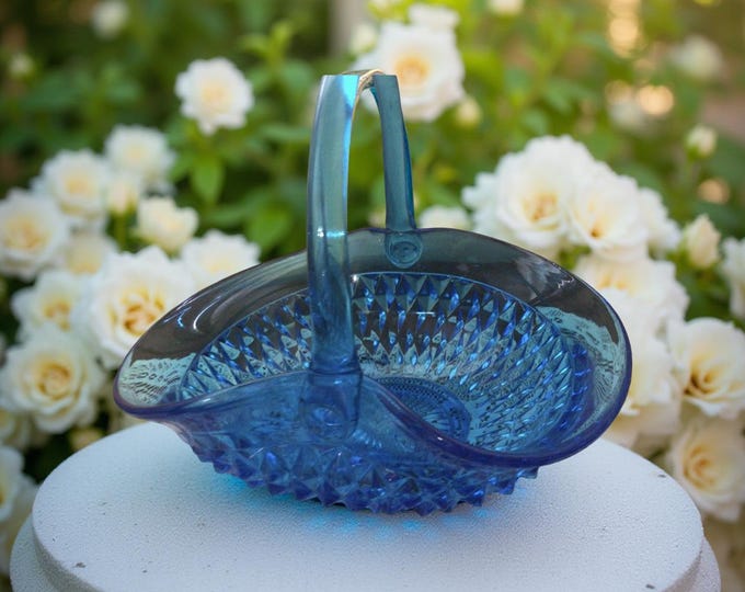 Indiana Glass Vintage Aqua Blue Basket,  Diamond Cut Glass Pattern