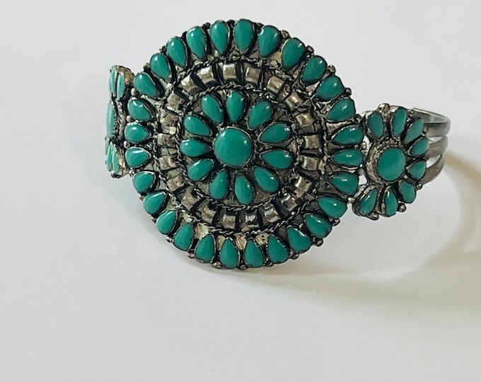 Native American Sterling Silver Hand Made Turquoise Cluster Zuni Bracelet, Gift for Her, Gift for Mother