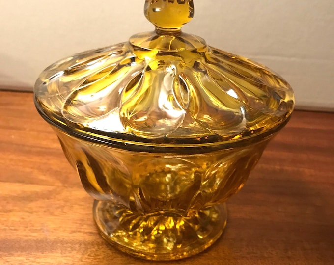 Anchor Hocking Fairfield  Candy Dish, Thumbprint Design Amber Candy Dish With Lid