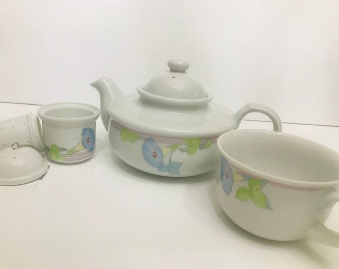 Teapot Toscany Collection  White Morning, Cup, Infuser, Strainer,  Porcelain Teapot,  Vintage Individual Teapot and Cup, Giftware