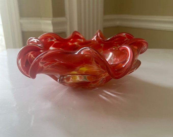 Vintage Italian Murano Glass Bowl Hand Blown Clear, Peach, Pink Splash Candy Dish