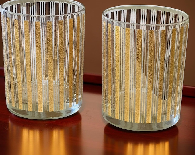 Two Culver Florentine 22k Gold Stripe Old Fashioned Rocks Glasses, Gold Striped Double Old Fashioned Tumblers