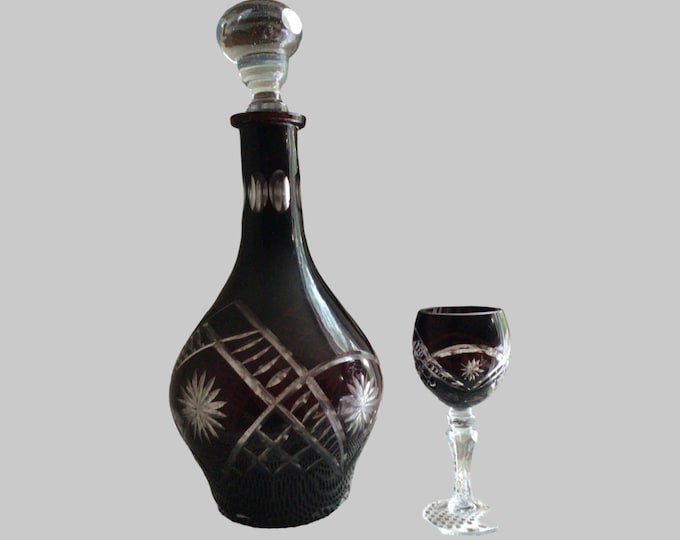 Ruby Red Cut to Clear Bohemian Crystal Decanter with Stopper and One Wine Goblet