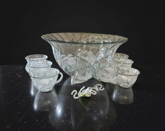 Vintage Anchor Hocking Victoria Optic Swirl Punch Bowl Set, 8 Cups
