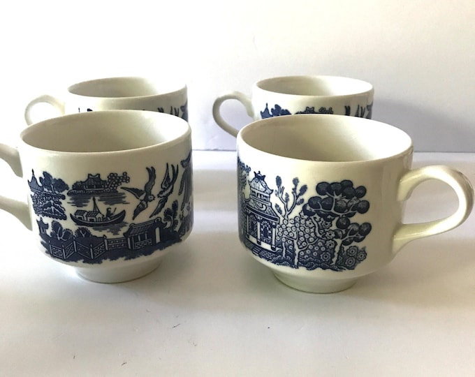 Churchill Blue Willow Cups/Set of Four Large Flat Cups Made in England