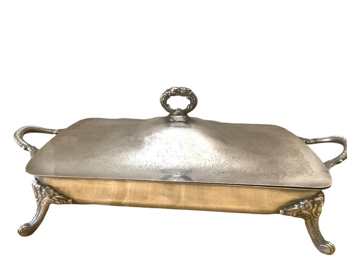 Newburyport Silver-Plated Food Warmer,  Hot Food Server, Vintage Square Heating Vegetable Server with Electrical Cord