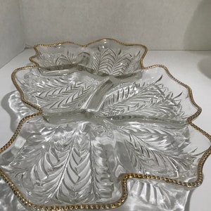 Jeannette Glass Sectional Serving Dish, Feather Leaf  22Kt Gold Beaded Rim Sectional Serving Dish, | Relish  Candy Dish