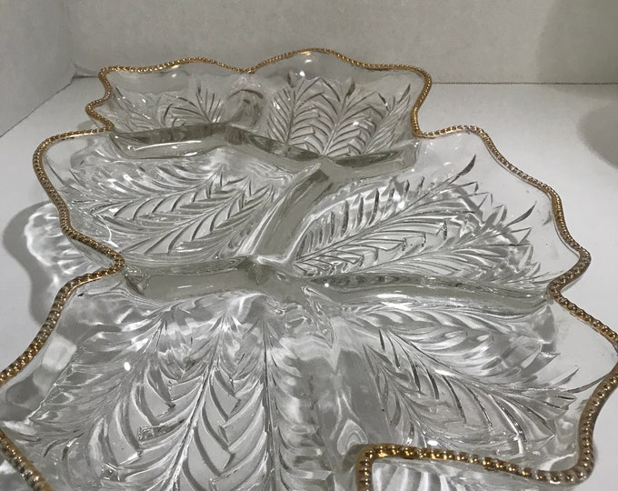 Jeannette Glass Sectional Serving Dish, Feather Leaf  22Kt Gold Beaded Rim Sectional Serving Dish, | Relish  Candy Dish