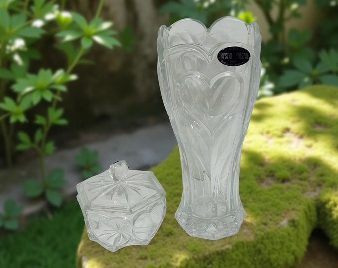 Crystal Heart Vase & Candy Dish Set - Star Design Lid