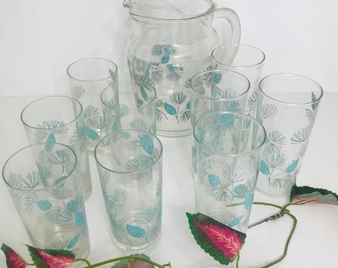 Pitcher and Tumblers, Pine Cone Design by Federal Glass,  Pitcher and Tumblers Set, RARE