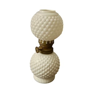 Miniature Milk Glass Hobnail Oil Lamp, Enesco Hobnail kerosene Lamp, Romance Lightening