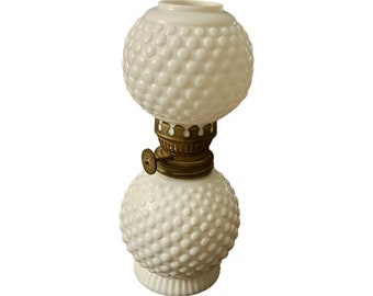 Miniature Milk Glass Hobnail Oil Lamp, Enesco Hobnail kerosene Lamp, Romance Lightening