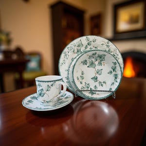 Country Vine International Tableworks, Green leaf vine Dinner plates, Coupe Cereal Bowls, Salad Plates, 5-Piece Place setting, Saucers