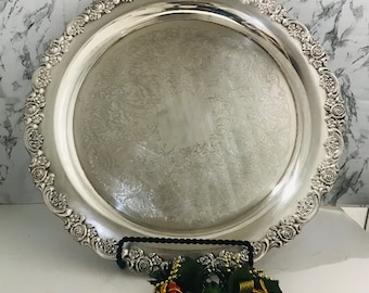 Vintage Oneida Silver Plated Embossed Rose Tray/ Silver Serving Platter