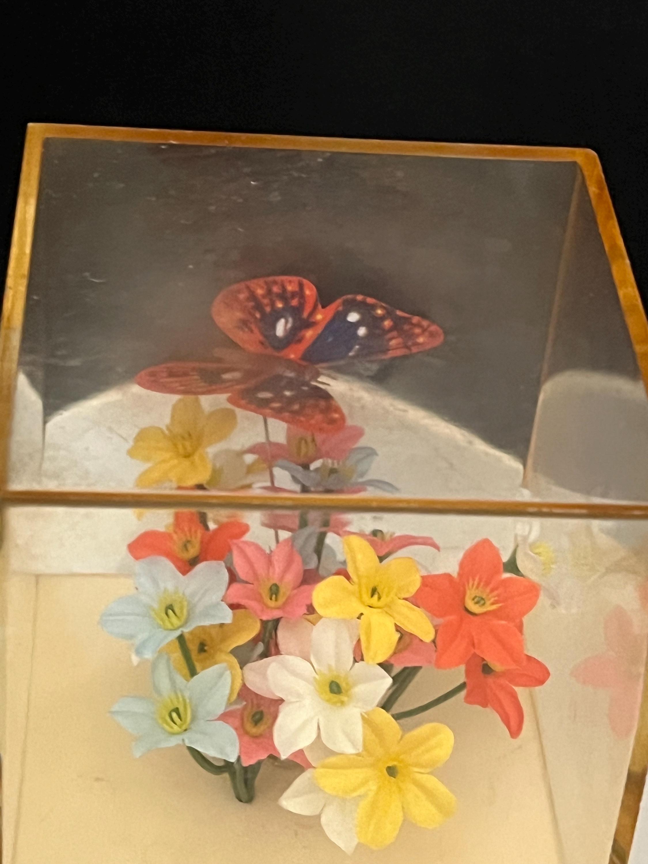 Vintage Music Box With Rotating Butterfly and Flowers Encased in A