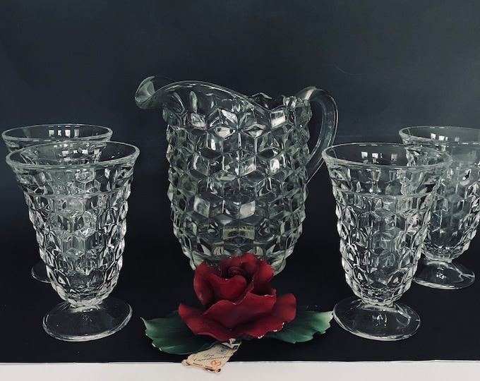 Fostoria American Clear Stem 2056, Ice Tea Glass and Pitcher, American Cube Ice Tea, Water Tumbler