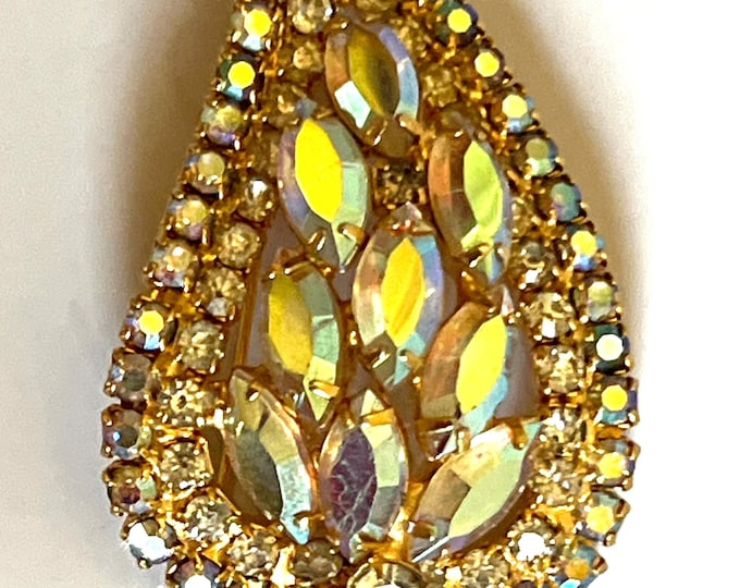 Vintage Gold Tone Rhinestone AB Crystal  Leaf Brooch/Pin/ Gift