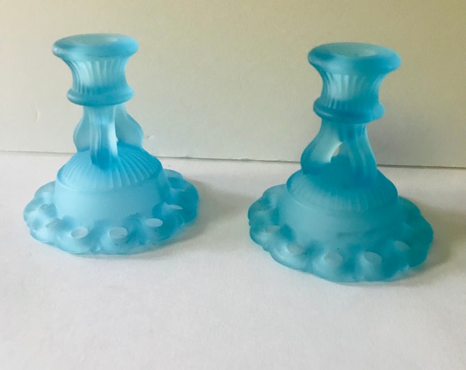 Westmoreland Light Blue Satin Single Candlestick Holder/ Vintage Tapered Candlestick Holder