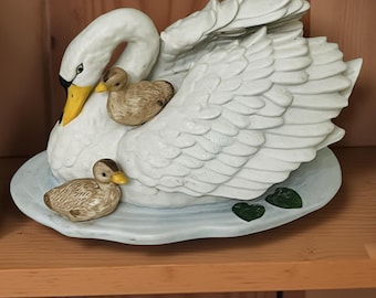 手描き 白鳥の置物 ヴィンテージ Homco 白鳥の置物とその子白鳥の雛 ~ #1427 完璧な状態