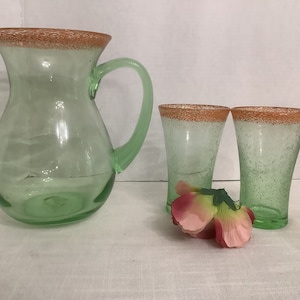 Vintage Lime Green Pitcher and Glasses,  Orange Rim Pitcher and Two Tumblers, Blenko