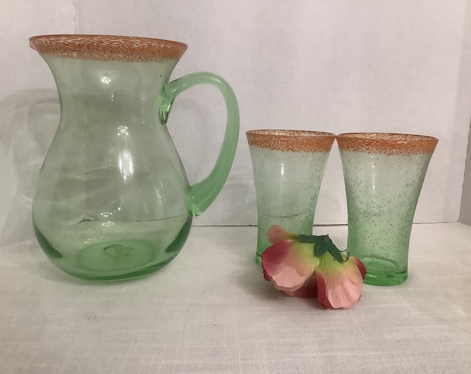 Vintage Lime Green Pitcher and Glasses,  Orange Rim Pitcher and Two Tumblers, Blenko