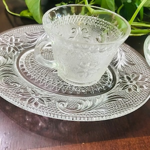Indiana Glass Sandwich Glass Snack set, Oval Plates, and Cup Snack Set