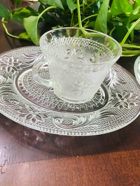 Vintage Indiana Glass Snack Set: Sandwich Glass Oval Plate and Cup