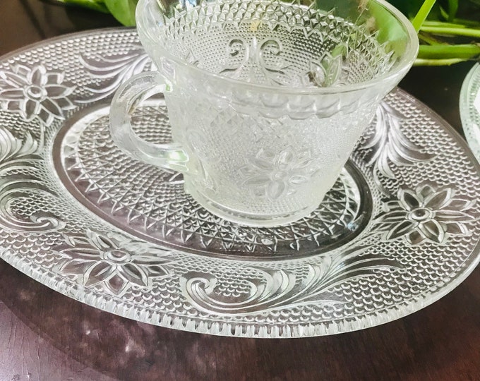Indiana Glass Sandwich Glass Snack set, Oval Plates, and Cup Snack Set