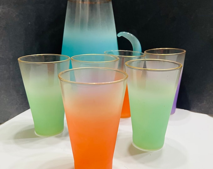 Vintage Blendo Pitcher and Glasses, Pastel Colored Tumblers and Pitcher, Shabby Chic, Ice Tea tumblers,  Water Glasses, Gift for Mom