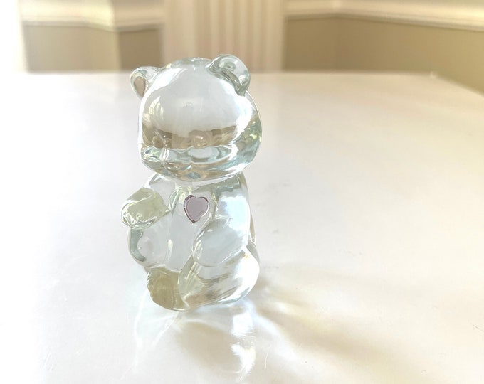 Fenton Clear February Bear, Glass Teddy wearing Purple Heart
